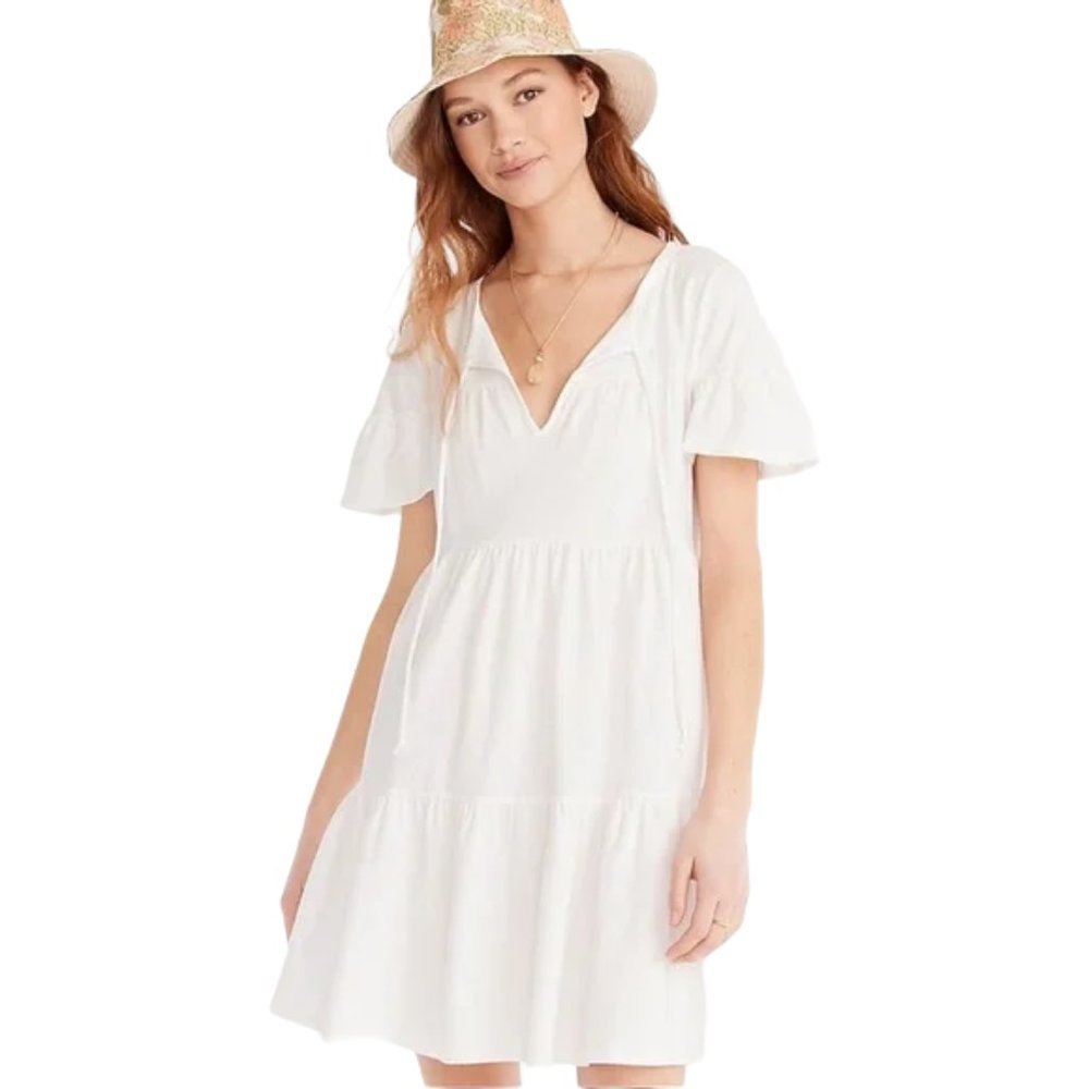 J Crew White Broken in Jersey Tiered Keyhole Tie Up Mini Dress (S)
